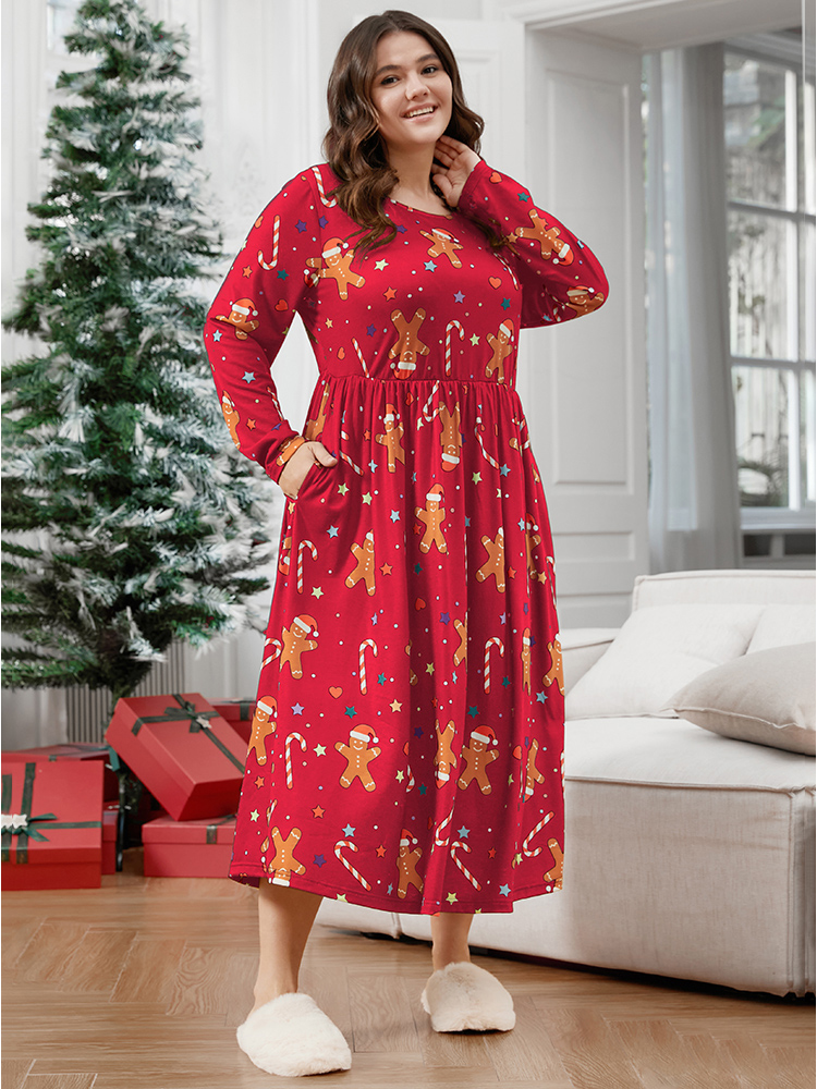 

Plus Size Gingerbread Man Print Pocket Flutter Hem Dress Red Long Sleeve Round Neck Casual Festival-Christmas  Bloomchic